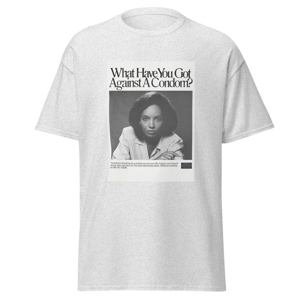 Unisex heather gray t-shirt featuring vintage AIDS Condom Poster poster artwork printed across the front