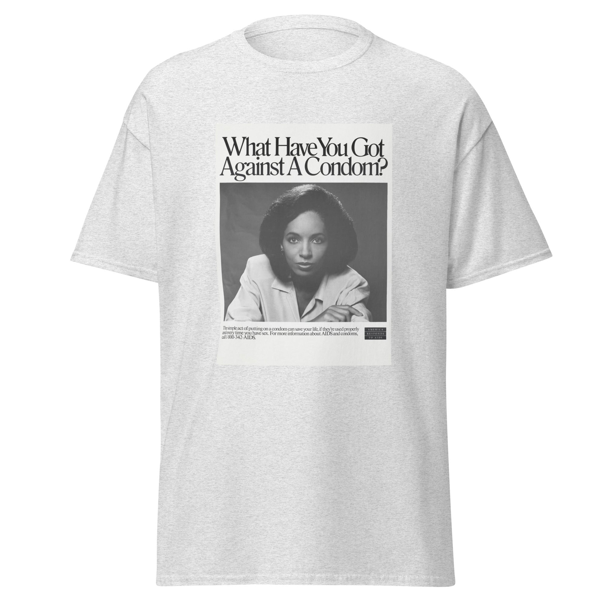 Unisex heather gray t-shirt featuring vintage AIDS Condom Poster poster artwork printed across the front