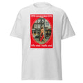 Unisex heather gray t-shirt featuring vintage Amsterdam poster artwork printed across the front