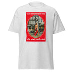 Unisex heather gray t-shirt featuring vintage Amsterdam poster artwork printed across the front