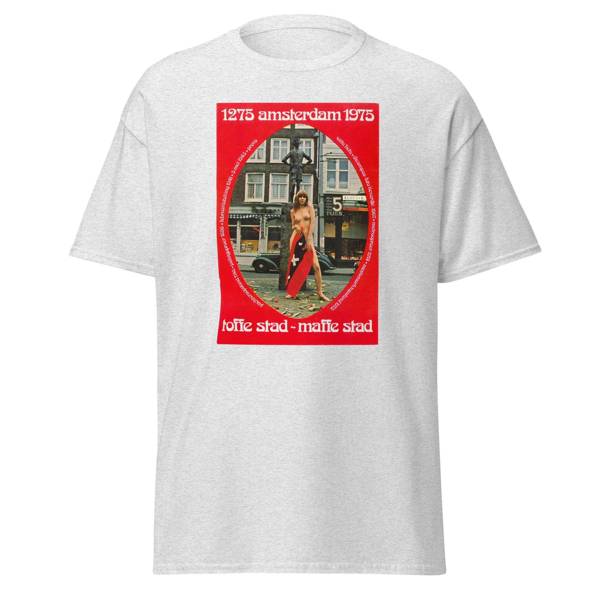 Unisex heather gray t-shirt featuring vintage Amsterdam poster artwork printed across the front