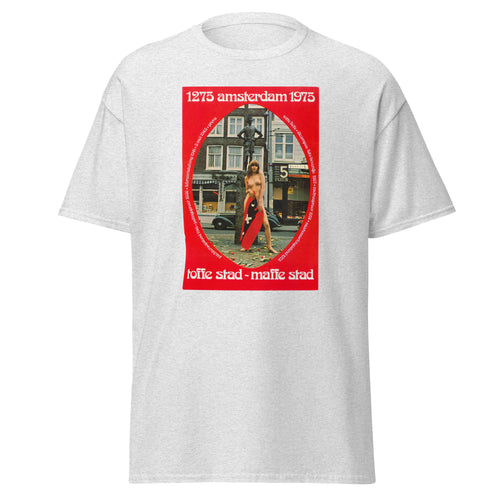 Unisex heather gray t-shirt featuring vintage Amsterdam poster artwork printed across the front