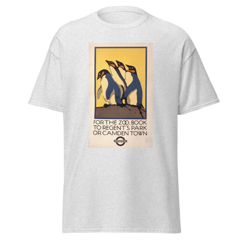 Unisex heather gray t-shirt featuring vintage London Underground Vintage poster artwork printed across the front