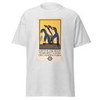 Unisex heather gray t-shirt featuring vintage London Underground Vintage poster artwork printed across the front