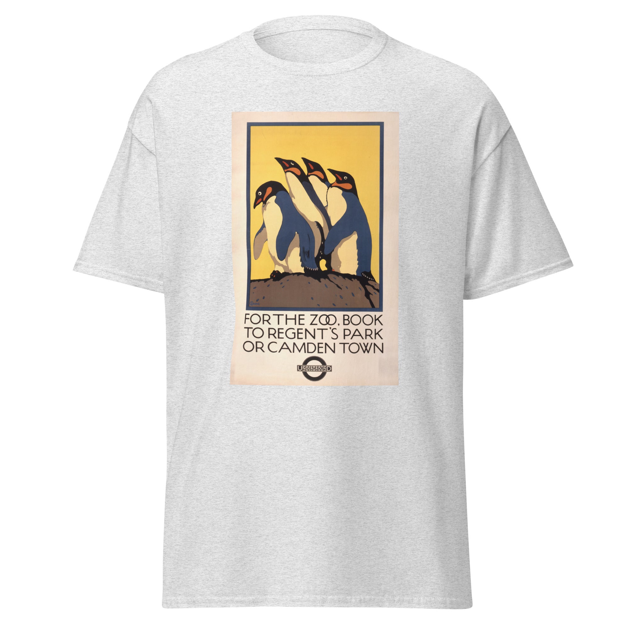 Unisex heather gray t-shirt featuring vintage London Underground Vintage poster artwork printed across the front