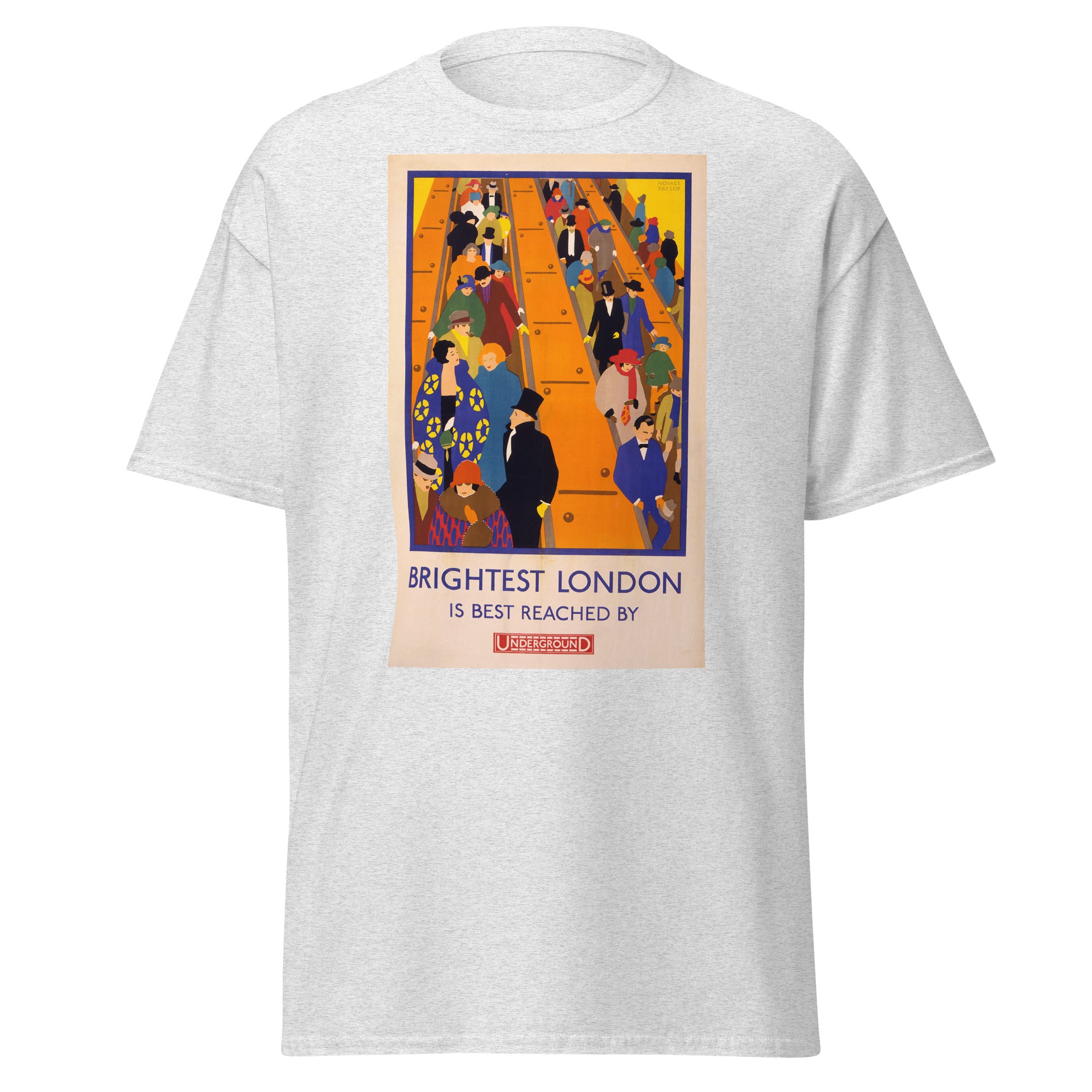 Unisex black t-shirt featuring vintage London Underground Vintage poster artwork printed across the front