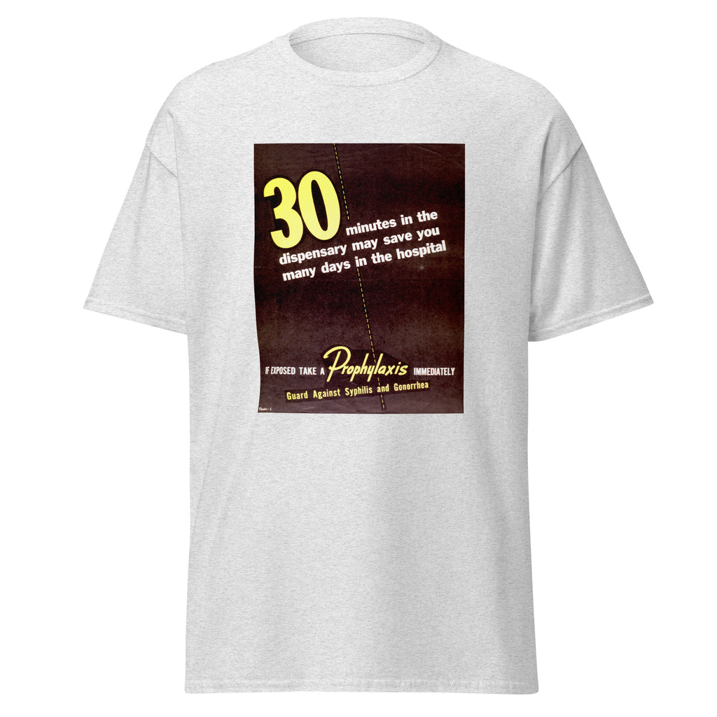 Unisex black t-shirt featuring vintage Prophylaxis poster artwork printed across the front