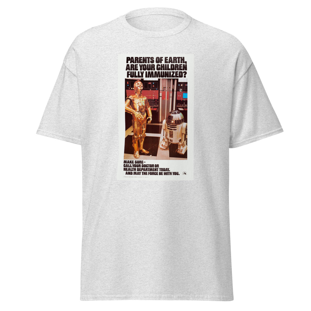 Unisex black t-shirt featuring vintage Star Wars Immunization poster artwork printed across the front