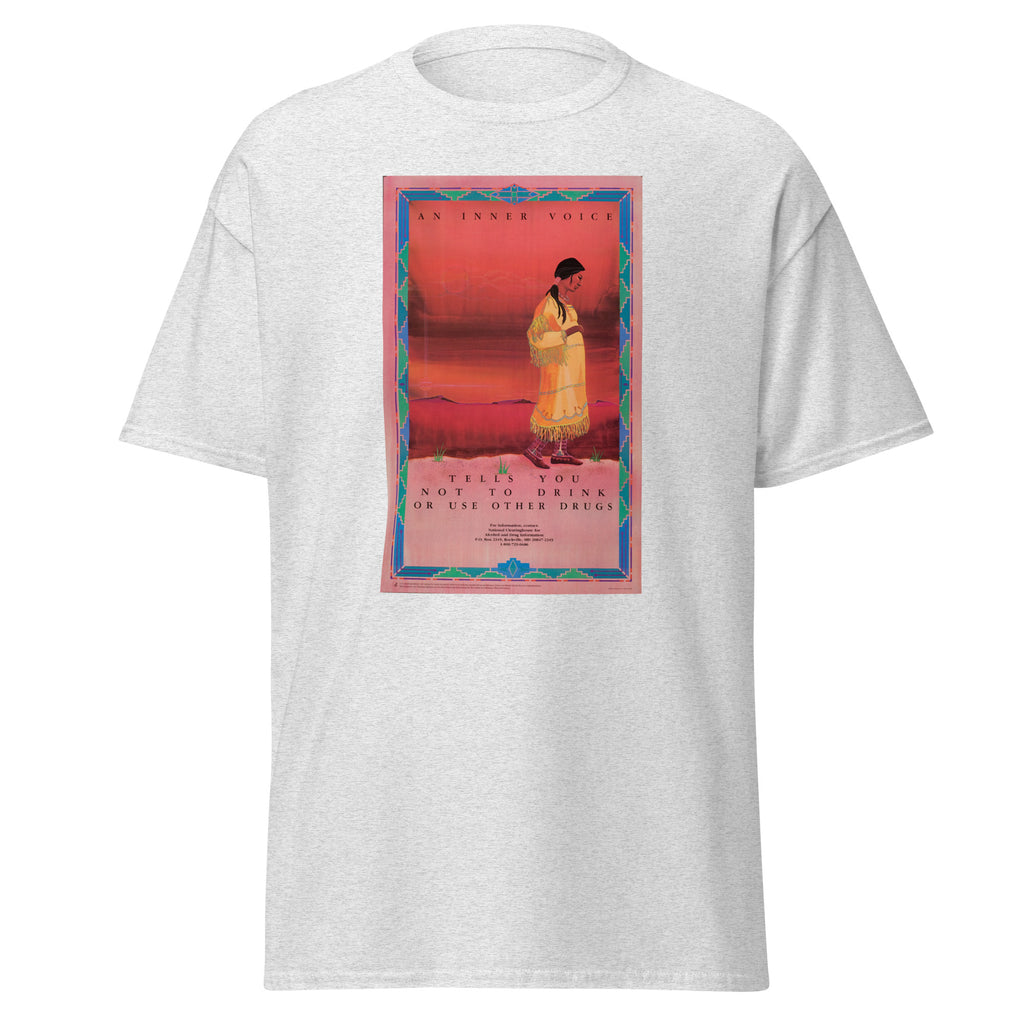 Unisex heather gray t-shirt featuring vintage Native American Alcohol Drugs poster artwork printed across the front