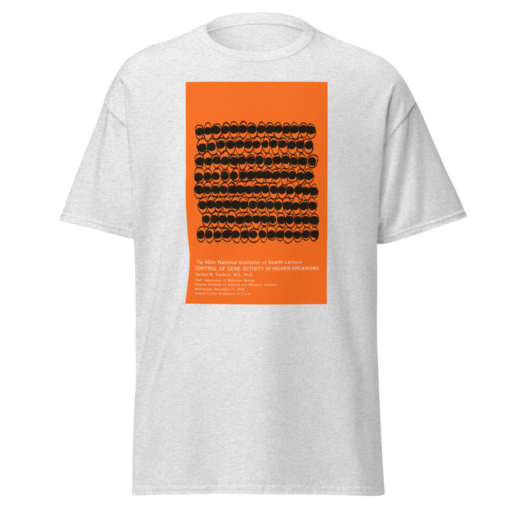 Unisex heather gray t-shirt featuring vintage Genetics poster artwork printed across the front