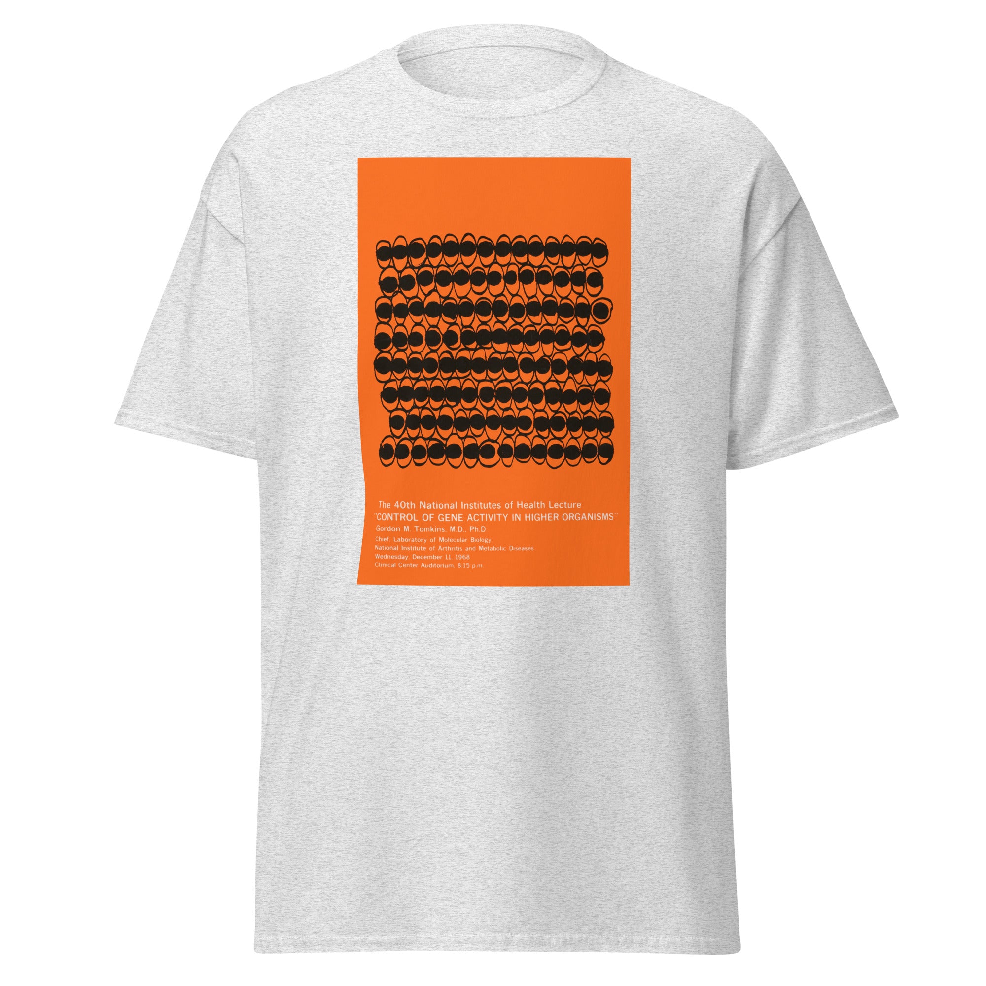Unisex heather gray t-shirt featuring vintage Genetics poster artwork printed across the front