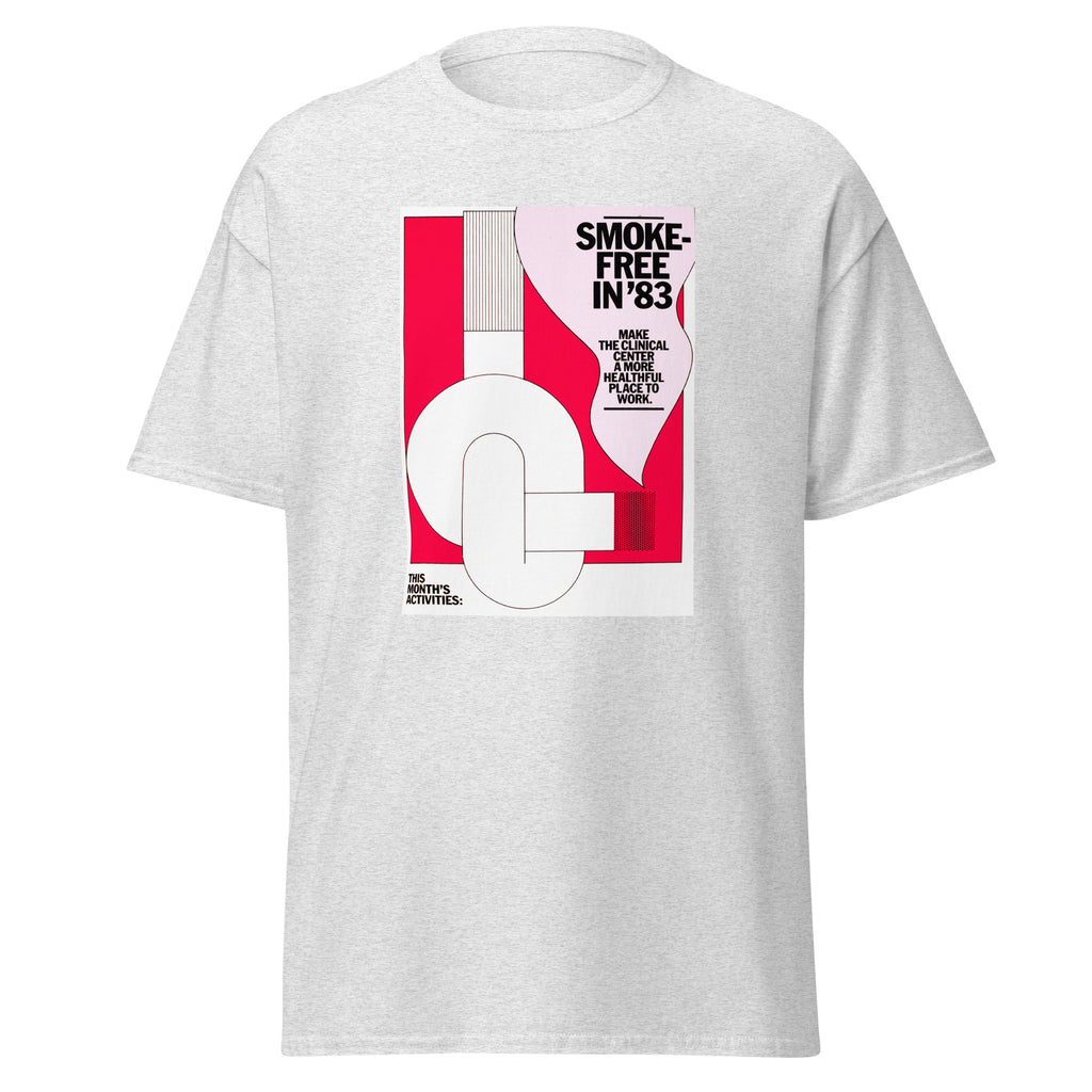 Unisex black t-shirt featuring vintage Smoke Free poster artwork printed across the front