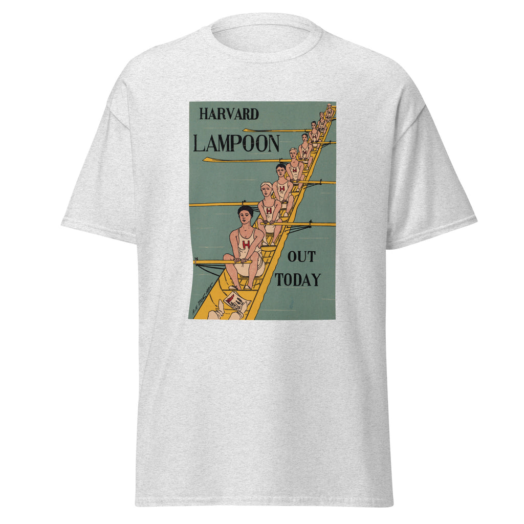 Unisex heather gray t-shirt featuring vintage Harvard Lampoon poster artwork printed across the front