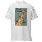 Unisex heather gray t-shirt featuring vintage Harvard Lampoon poster artwork printed across the front