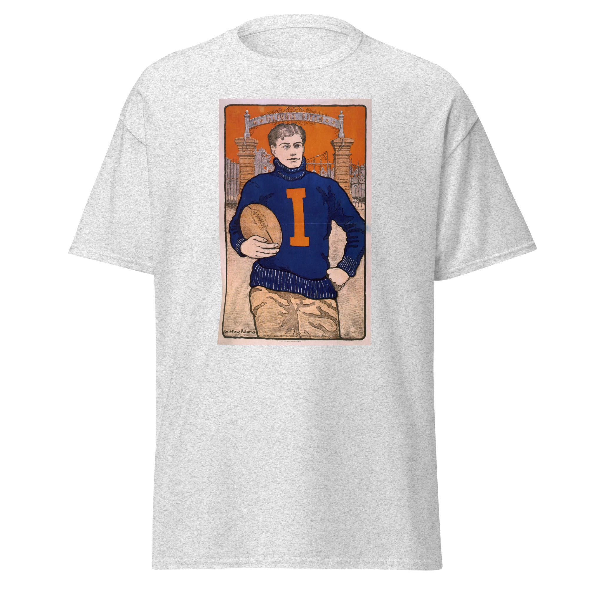 Unisex black t-shirt featuring vintage Illinois College Football Vintage poster artwork printed across the front