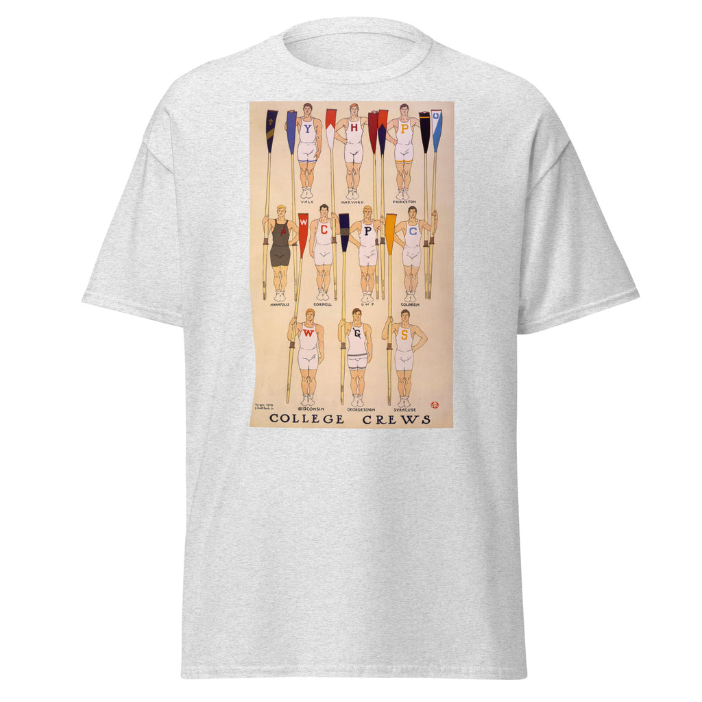 Unisex heather gray t-shirt featuring vintage College Rowing Vintage poster artwork printed across the front