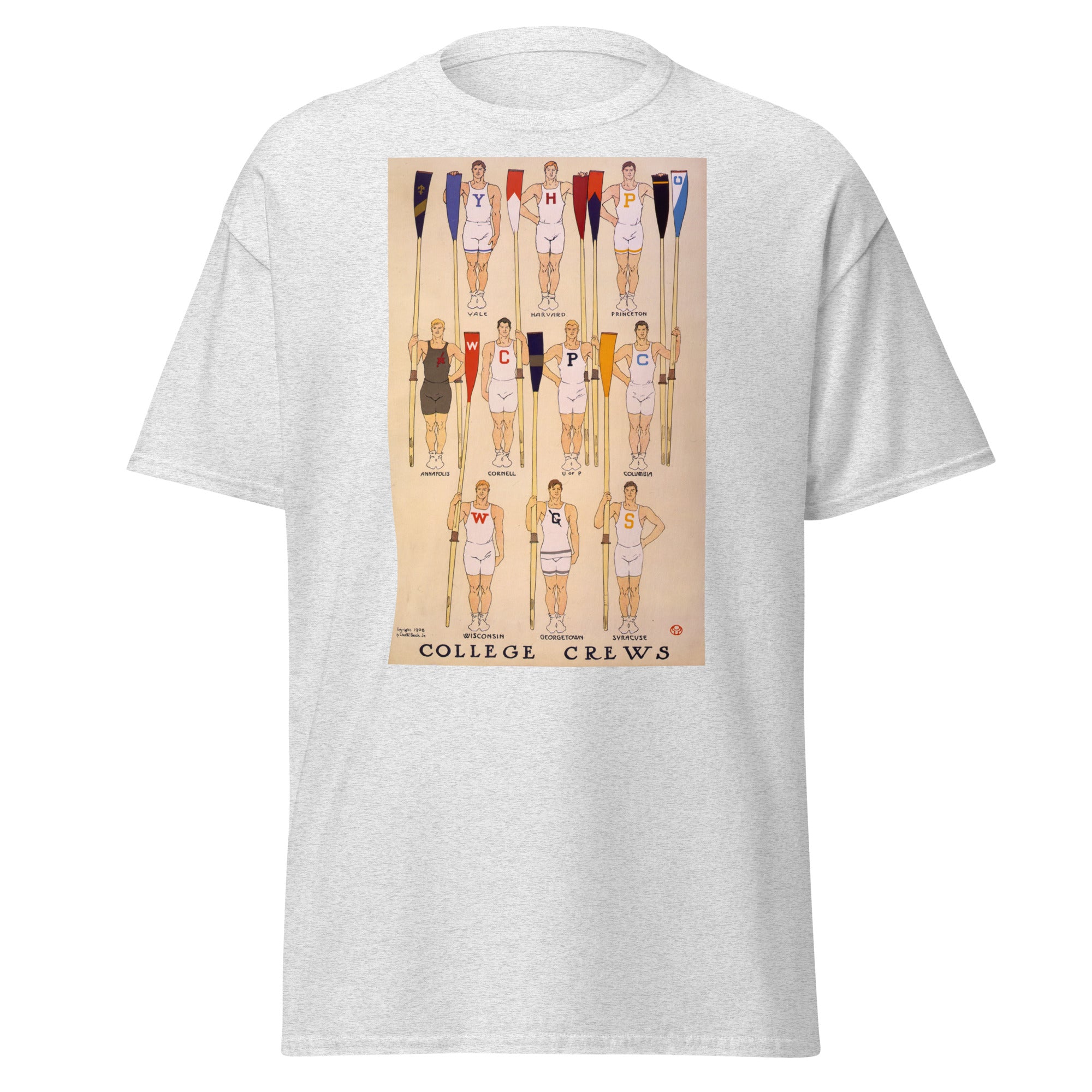Unisex heather gray t-shirt featuring vintage College Rowing Vintage poster artwork printed across the front