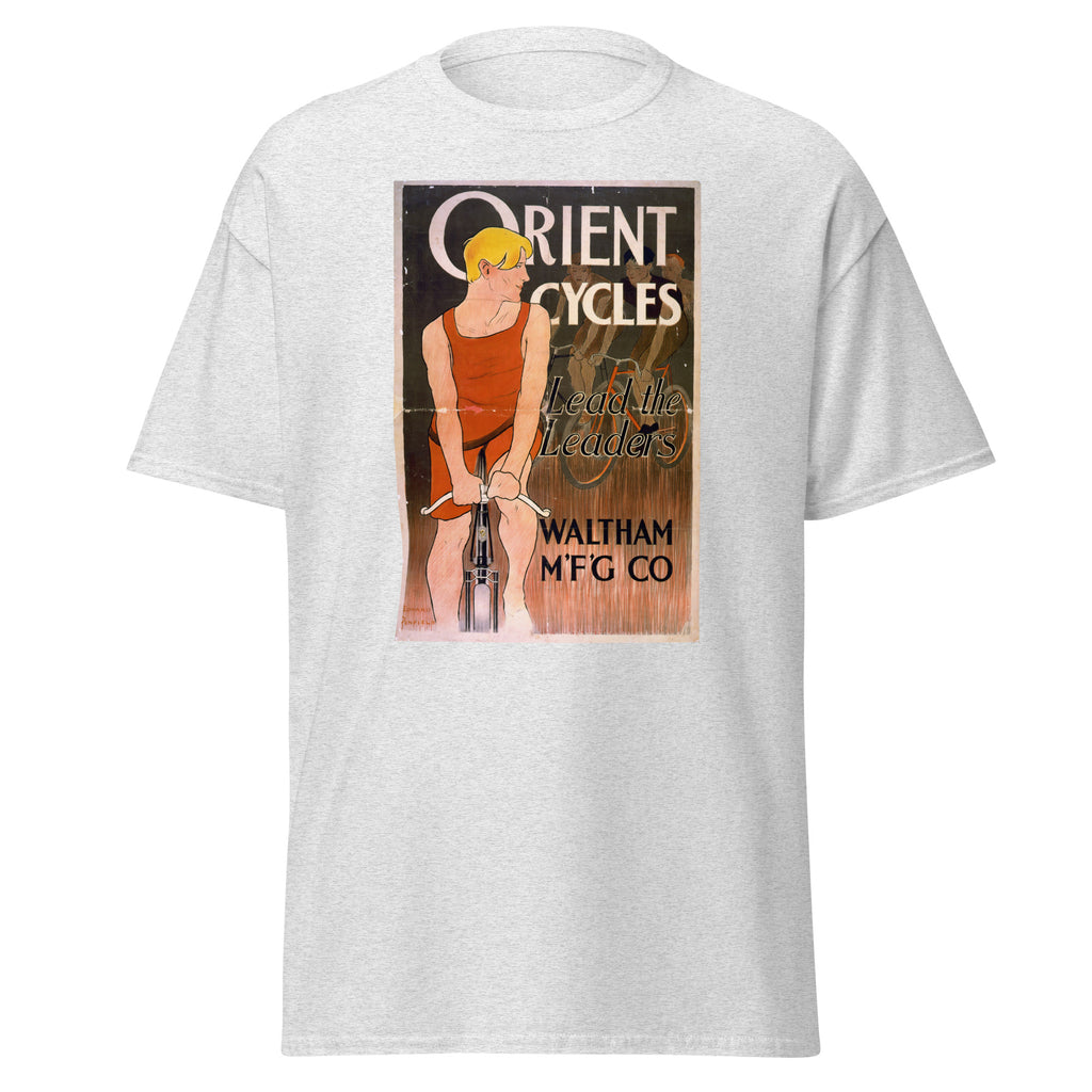 Unisex heather gray t-shirt featuring vintage Orient Cycles Vintage poster artwork printed across the front