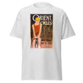 Unisex heather gray t-shirt featuring vintage Orient Cycles Vintage poster artwork printed across the front