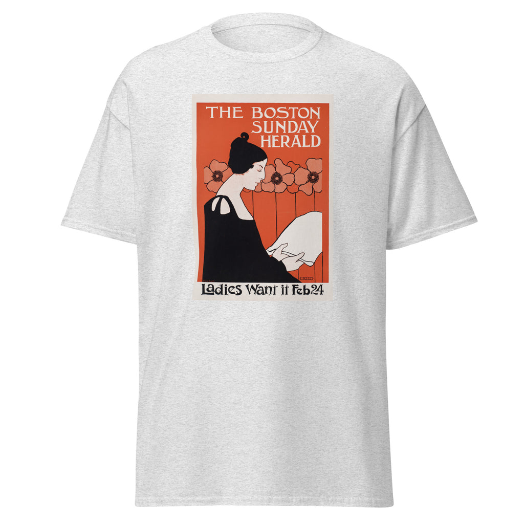 Unisex heather gray t-shirt featuring vintage Boston Sunday Herald Vintage poster artwork printed across the front