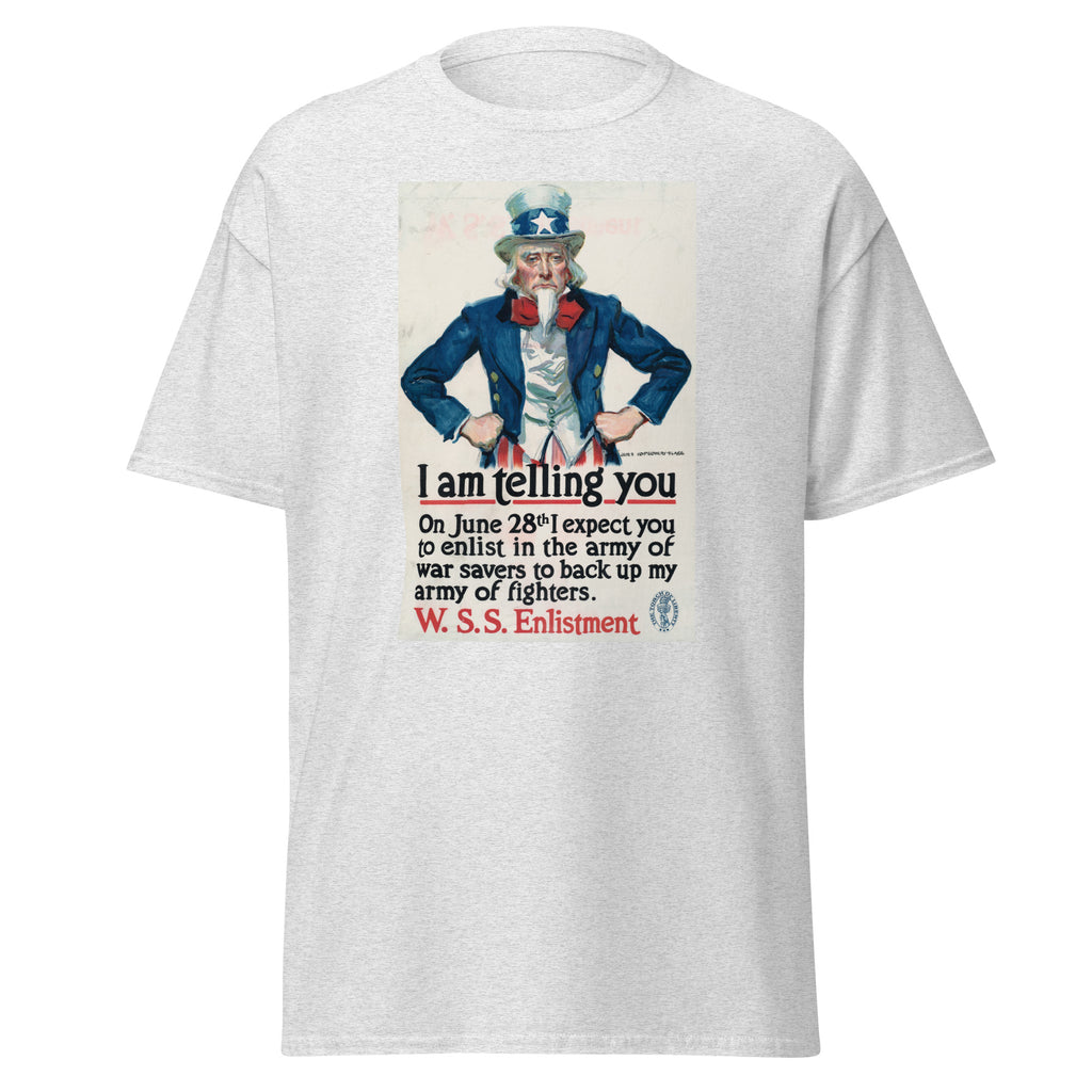 Unisex black t-shirt featuring vintage War Savings Enlistment Vintsge poster artwork printed across the front
