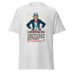 Unisex black t-shirt featuring vintage War Savings Enlistment Vintsge poster artwork printed across the front