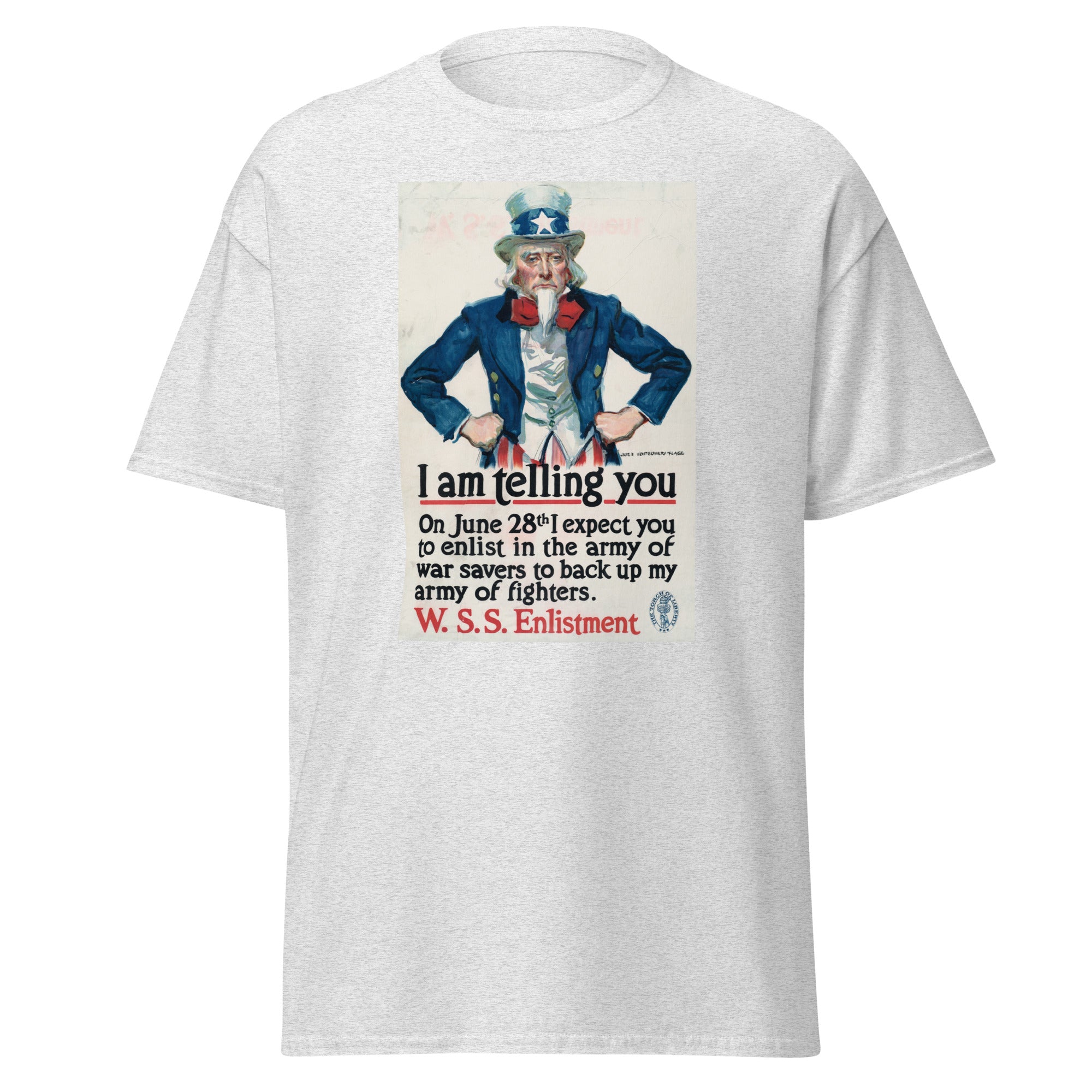 Unisex black t-shirt featuring vintage War Savings Enlistment Vintsge poster artwork printed across the front