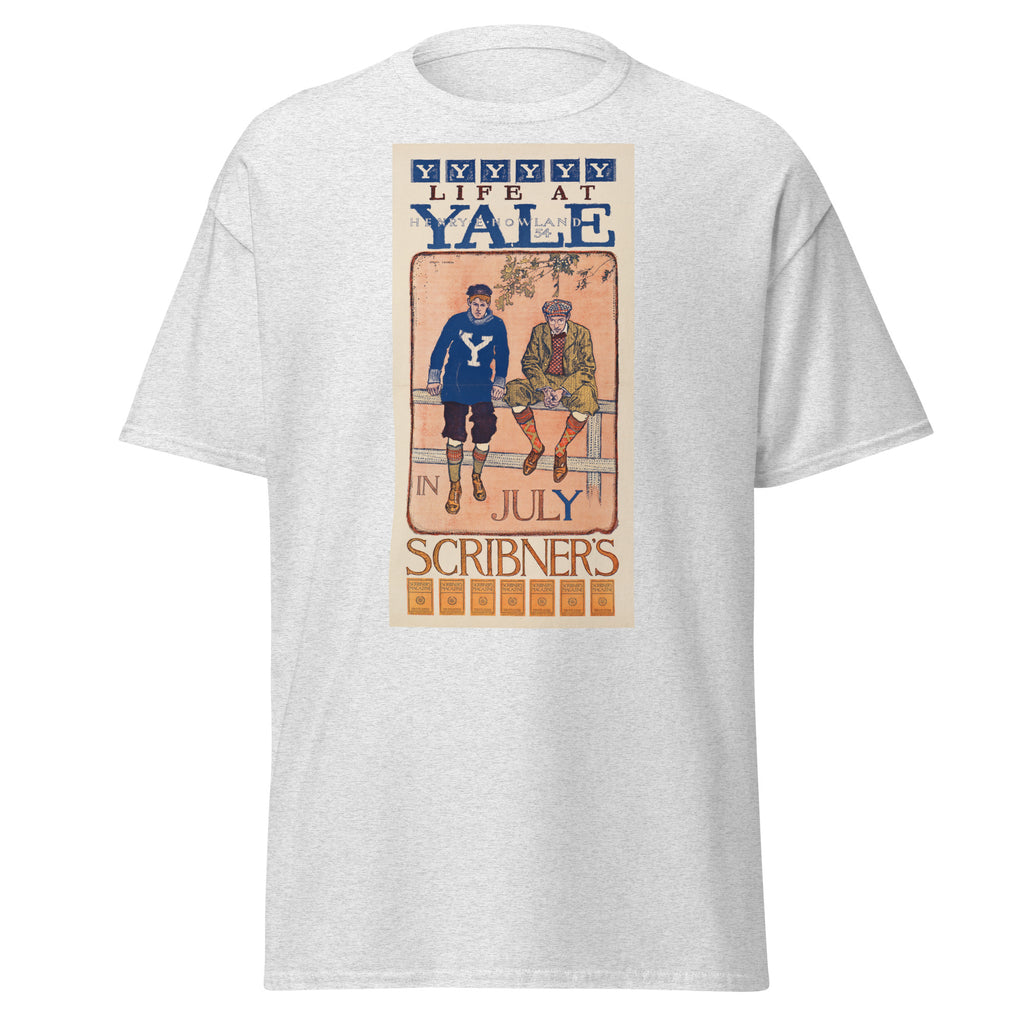 Unisex heather gray t-shirt featuring vintage Life at Yale Vintage poster artwork printed across the front