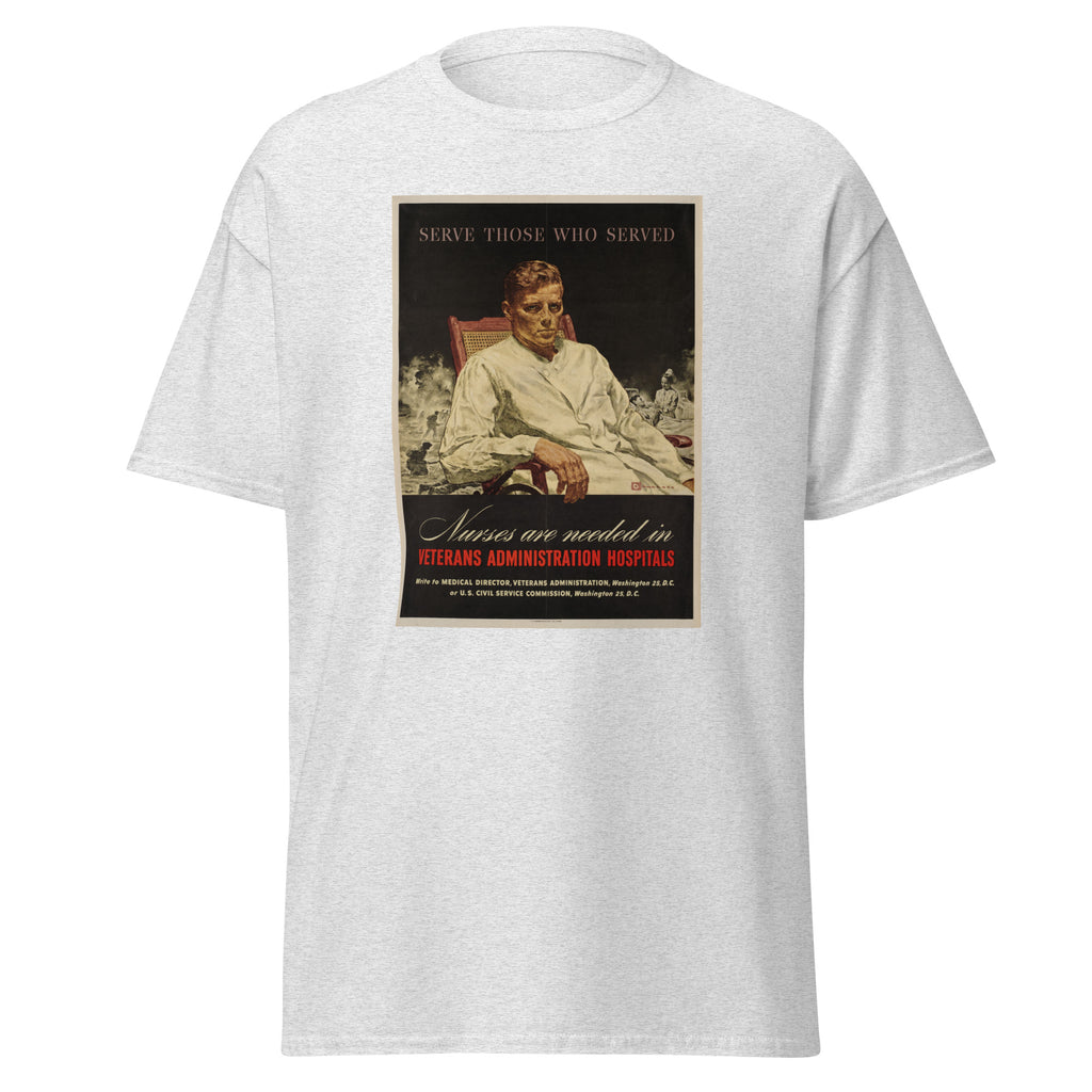 Unisex heather gray t-shirt featuring vintage Veterans Hospitals Vintage poster artwork printed across the front