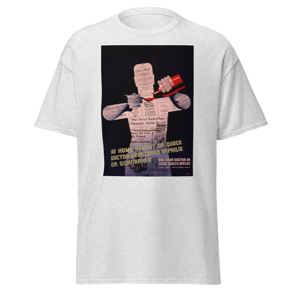 Unisex black t-shirt featuring vintage STD Vintage poster artwork printed across the front