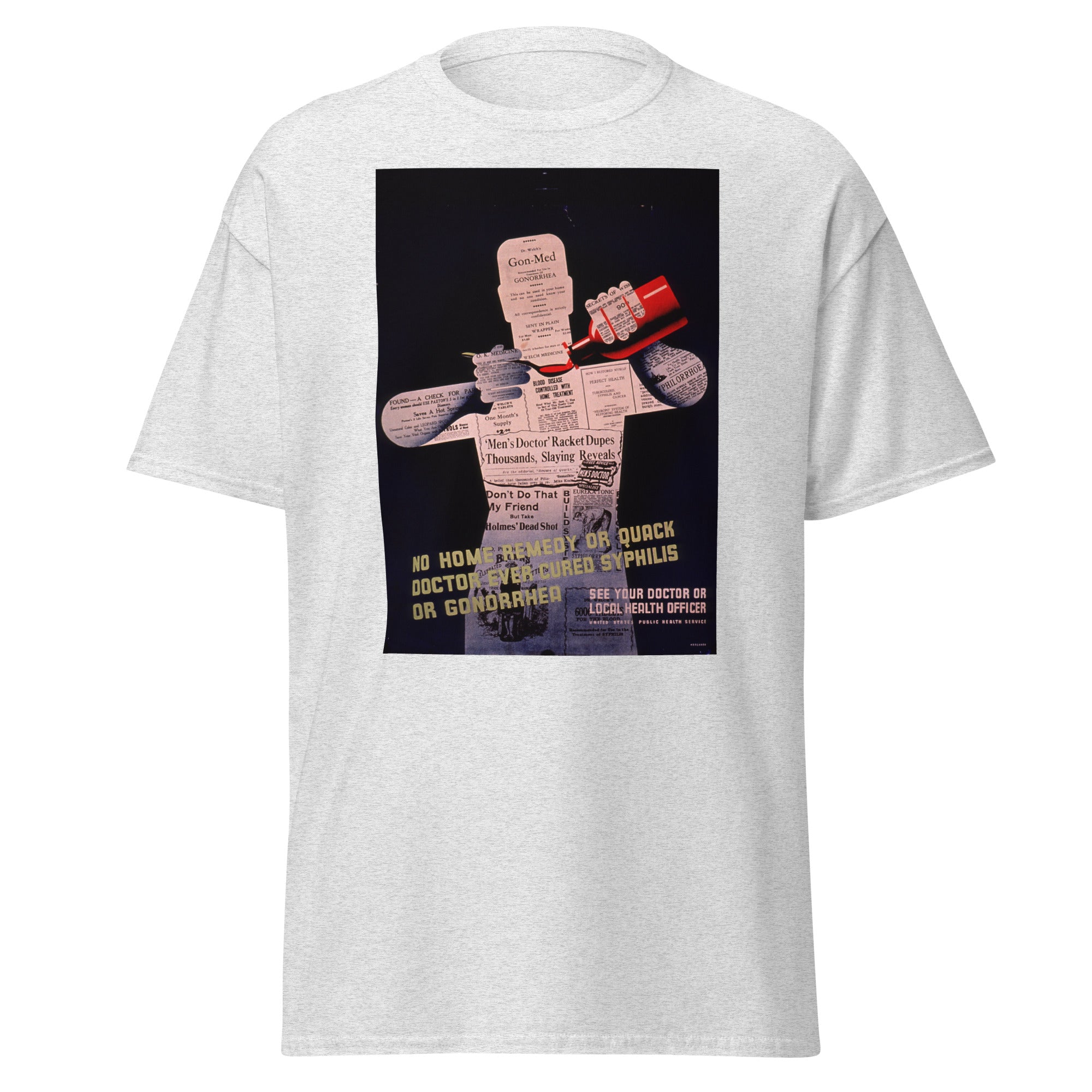 Unisex black t-shirt featuring vintage STD Vintage poster artwork printed across the front