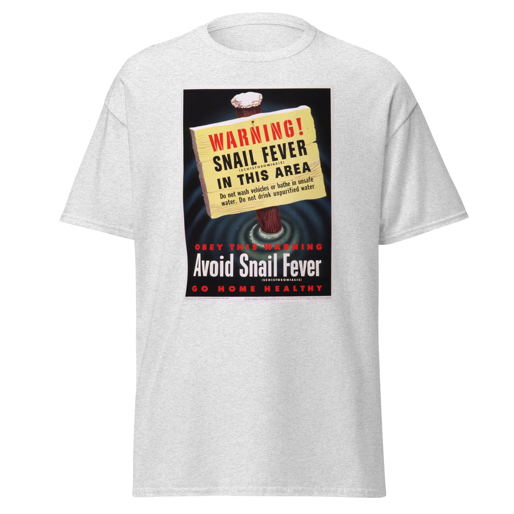 Unisex black t-shirt featuring vintage Snail Fever Vintage poster artwork printed across the front