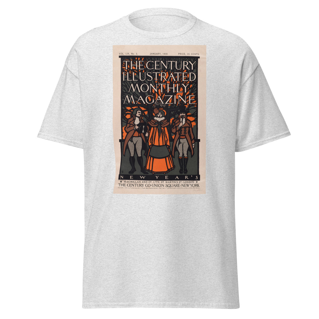 Unisex heather gray t-shirt featuring vintage Century Illustrated Vintage poster artwork printed across the front