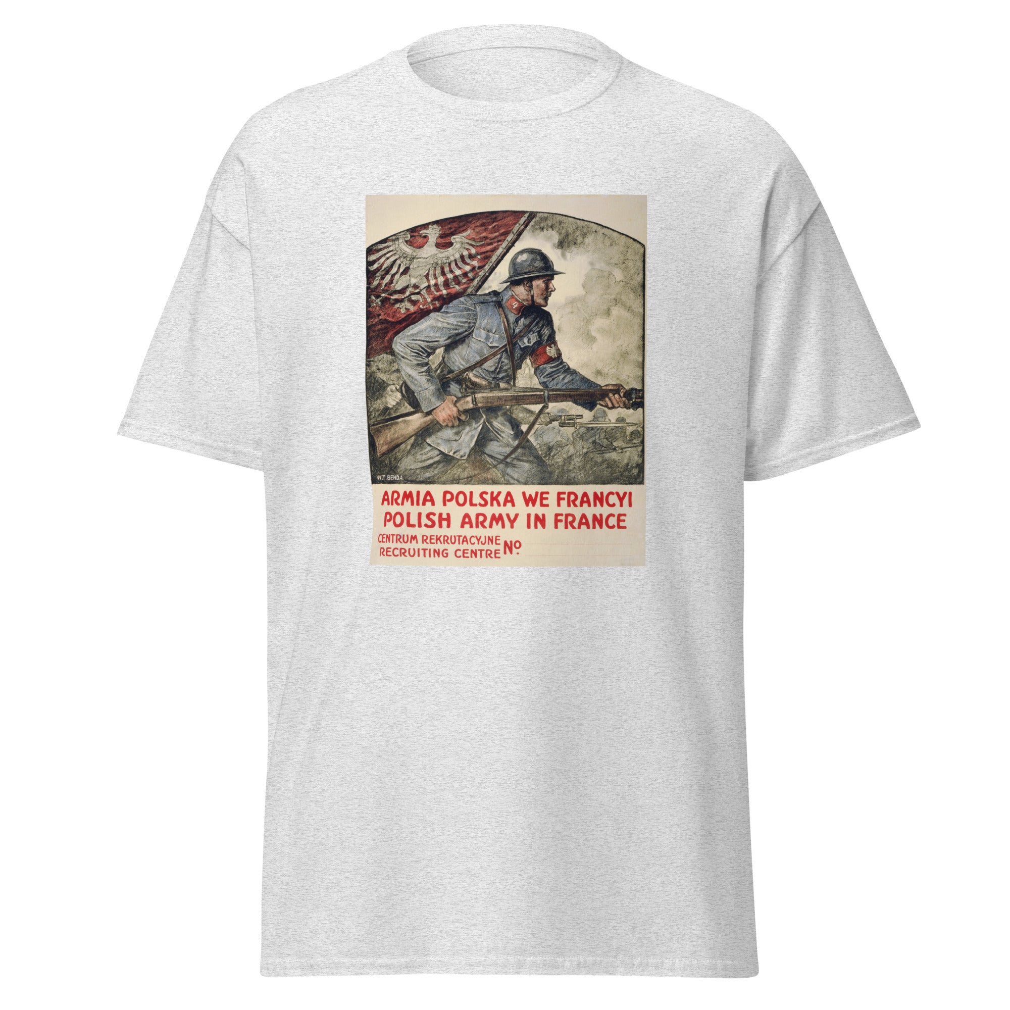 Unisex heather gray t-shirt featuring vintage WWI Polish Army poster artwork printed across the front