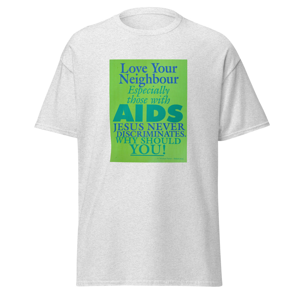 Unisex heather gray t-shirt featuring vintage AIDS Discrimination poster artwork printed across the front