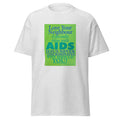 Unisex heather gray t-shirt featuring vintage AIDS Discrimination poster artwork printed across the front