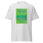 Unisex heather gray t-shirt featuring vintage AIDS Discrimination poster artwork printed across the front