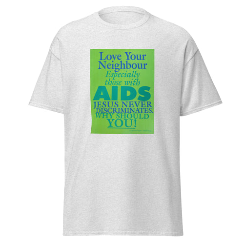 Unisex heather gray t-shirt featuring vintage AIDS Discrimination poster artwork printed across the front