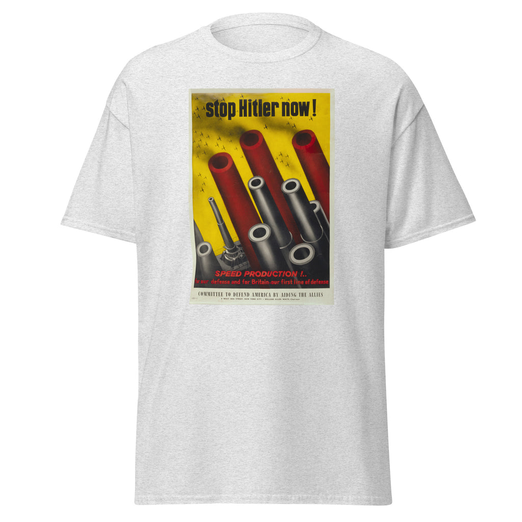 Unisex black t-shirt featuring vintage Stop Hitler poster artwork printed across the front