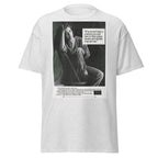 Unisex heather gray t-shirt featuring vintage AIDS Condom poster artwork printed across the front