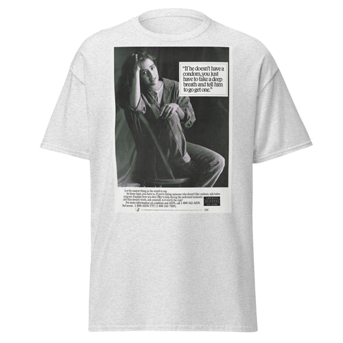 Unisex heather gray t-shirt featuring vintage AIDS Condom poster artwork printed across the front