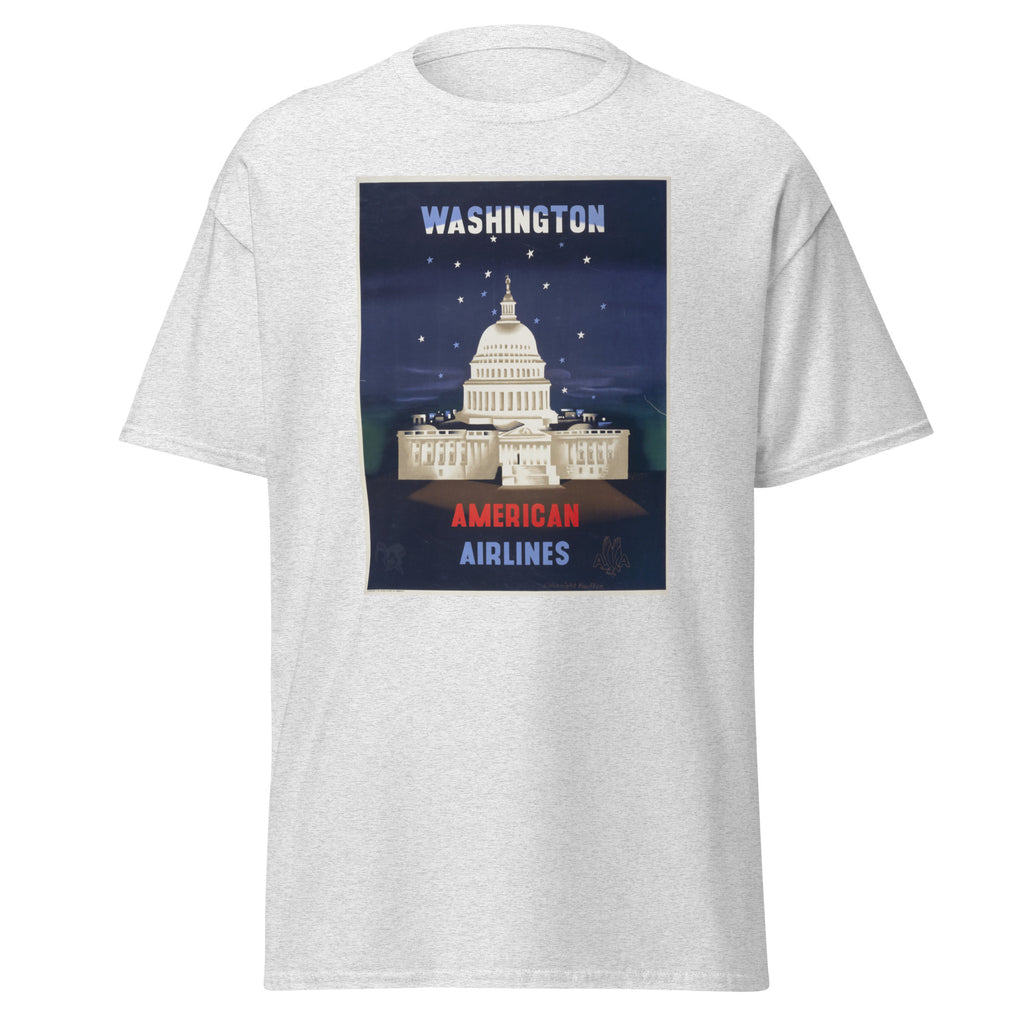 Unisex heather gray t-shirt featuring vintage American Airlines Washington poster artwork printed across the front