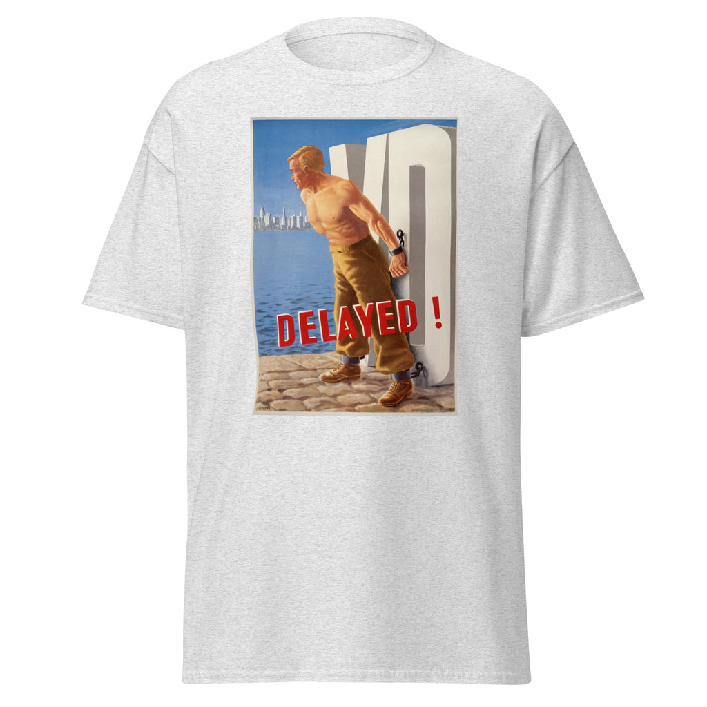 Unisex black t-shirt featuring vintage VD Delayed Vintage poster artwork printed across the front