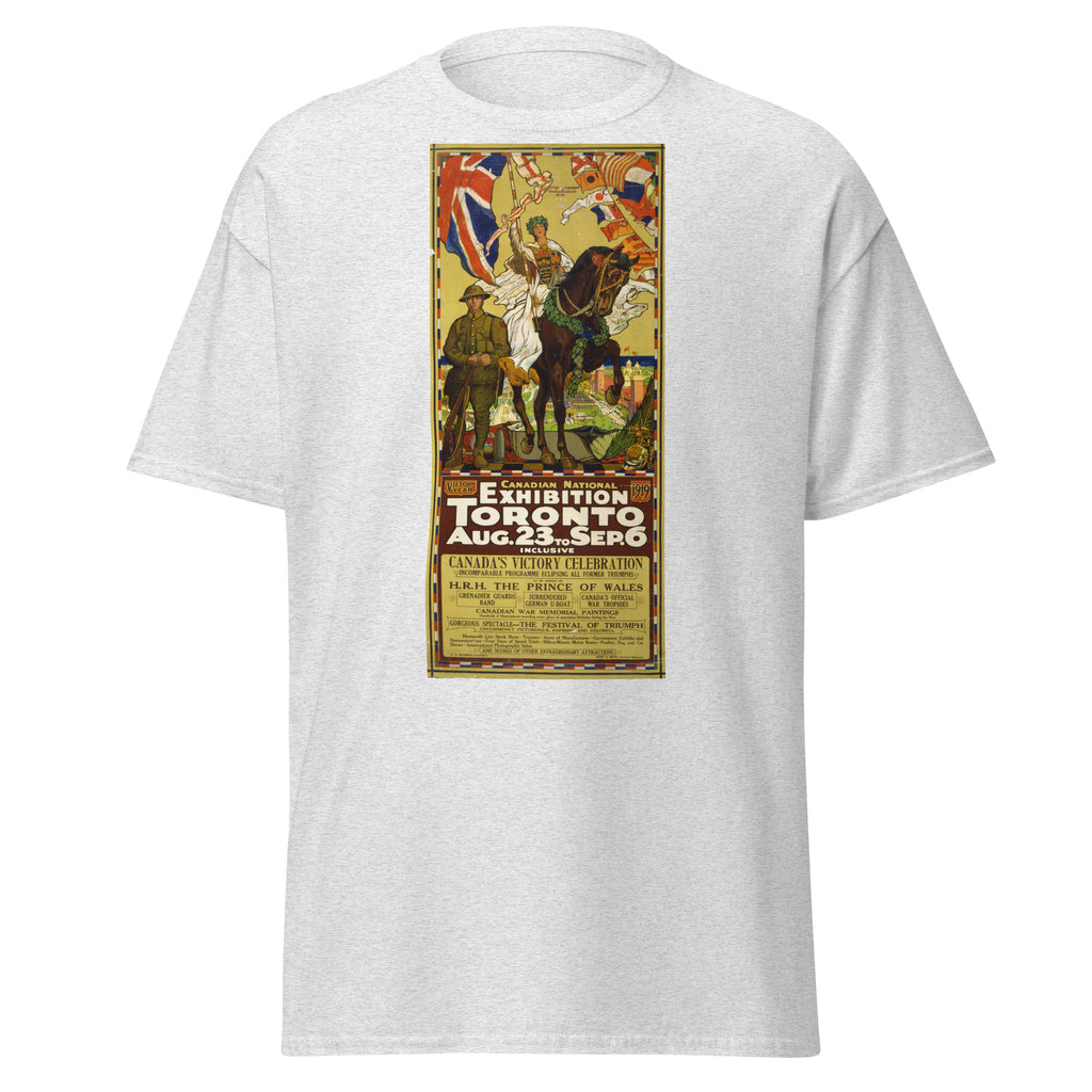 Unisex black t-shirt featuring vintage Canada WWI Victory poster artwork printed across the front