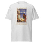 Unisex heather gray t-shirt featuring vintage Guatemala Pan American Vintage poster artwork printed across the front
