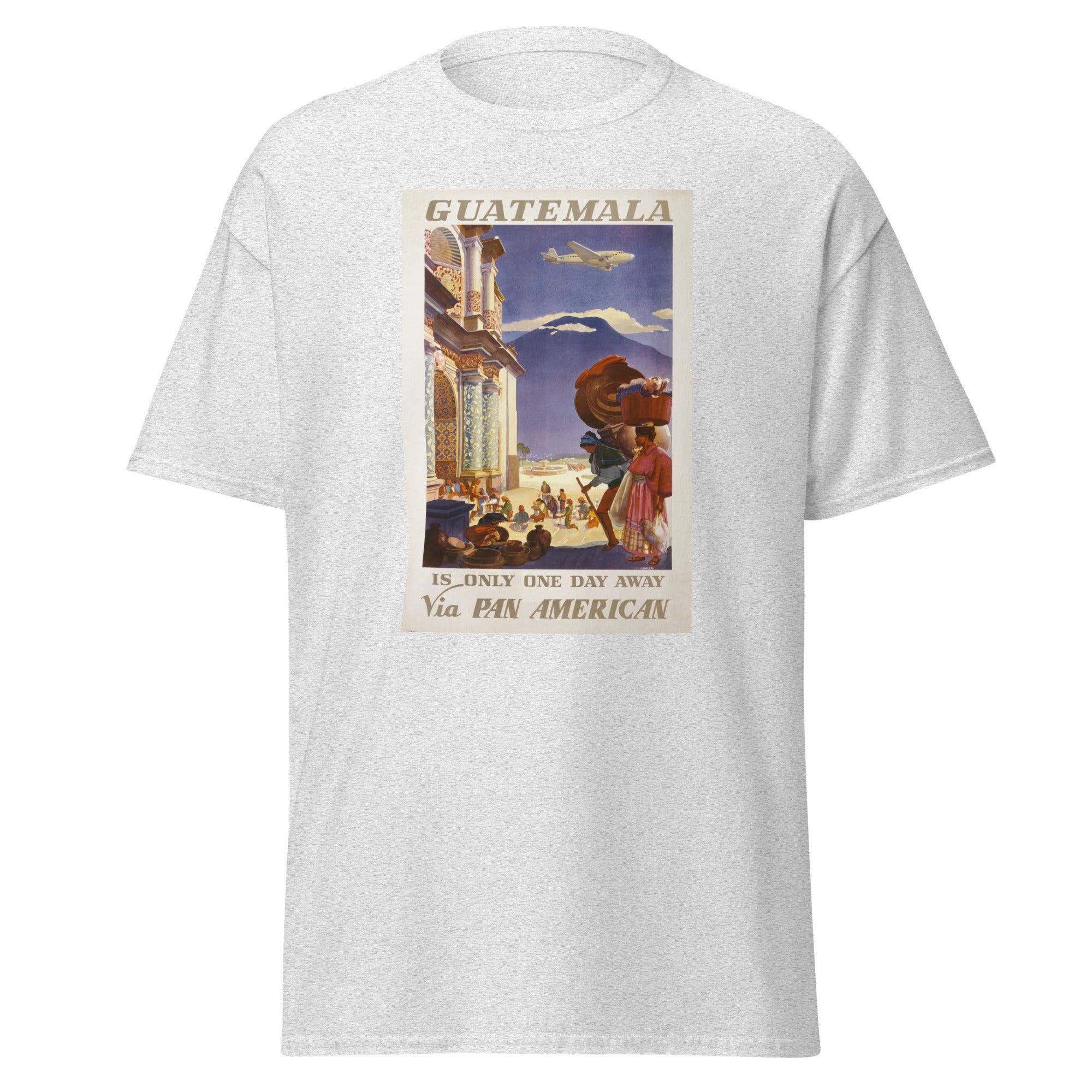 Unisex heather gray t-shirt featuring vintage Guatemala Pan American Vintage poster artwork printed across the front