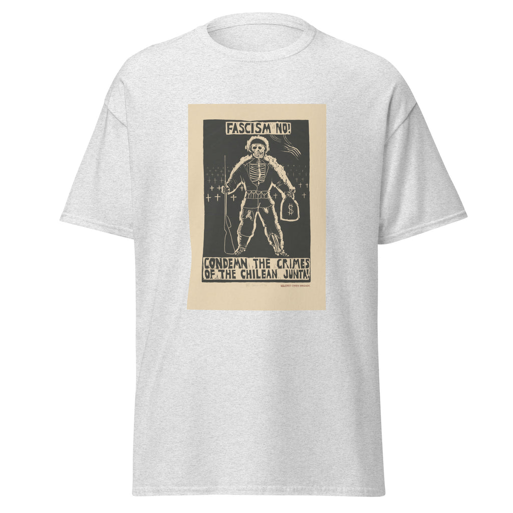 Unisex heather gray t-shirt featuring vintage Chile Anti Fascism poster artwork printed across the front