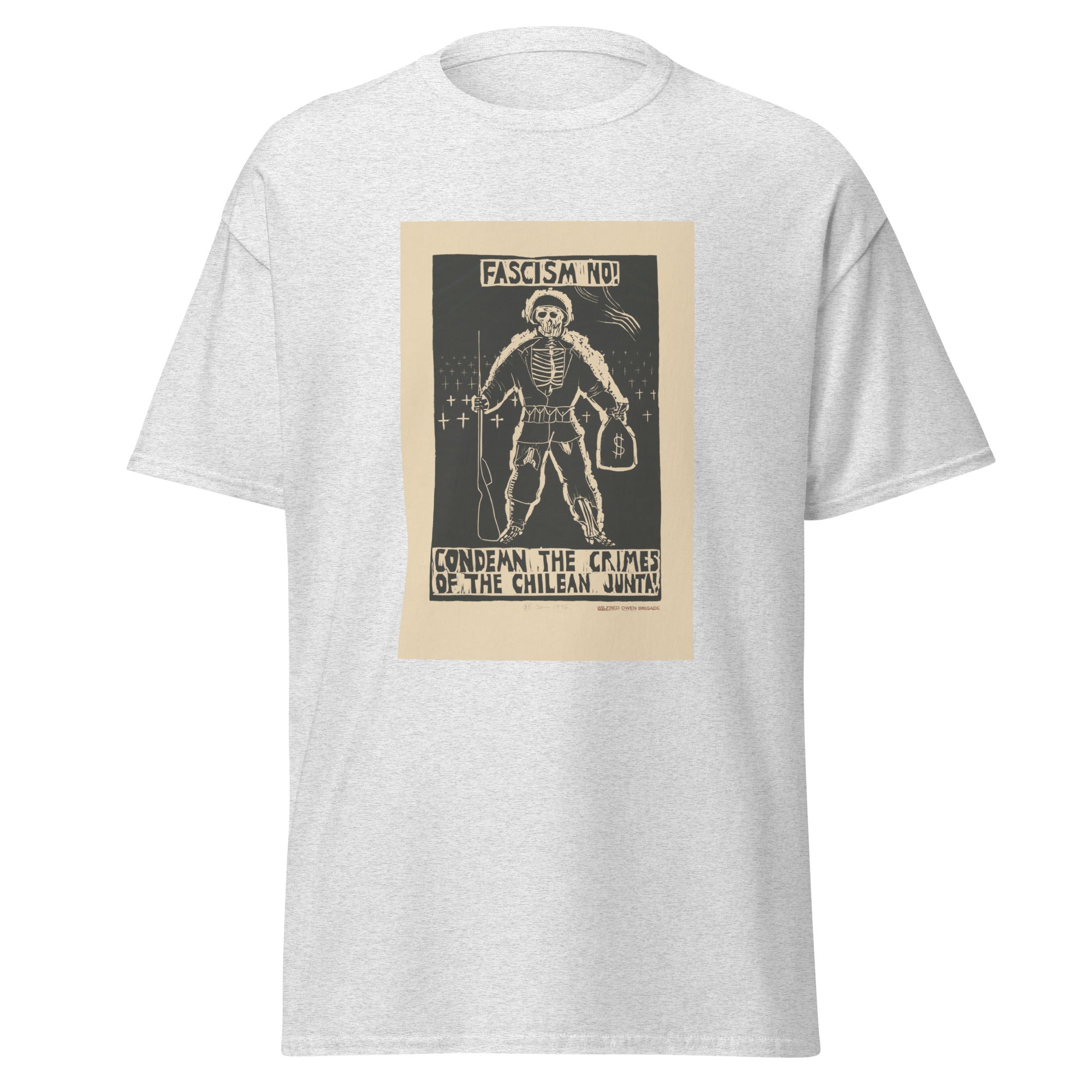 Unisex heather gray t-shirt featuring vintage Chile Anti Fascism poster artwork printed across the front
