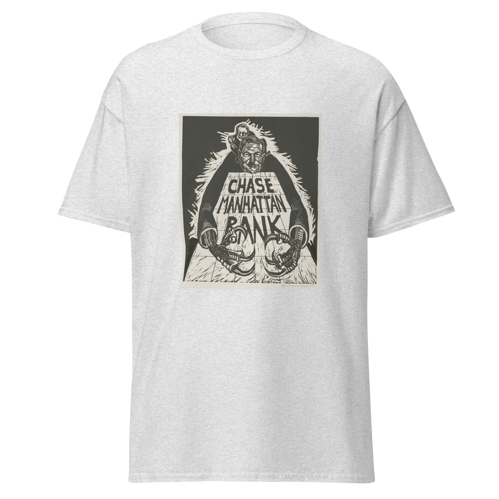 Unisex black t-shirt featuring vintage Chase Manhattan Protest poster artwork printed across the front