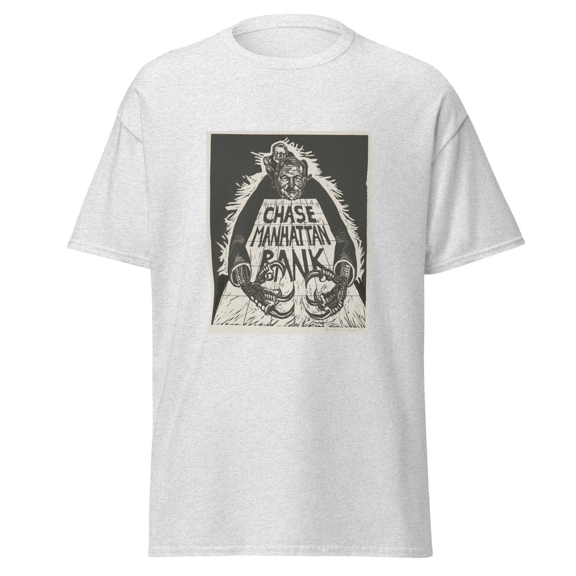 Unisex black t-shirt featuring vintage Chase Manhattan Protest poster artwork printed across the front